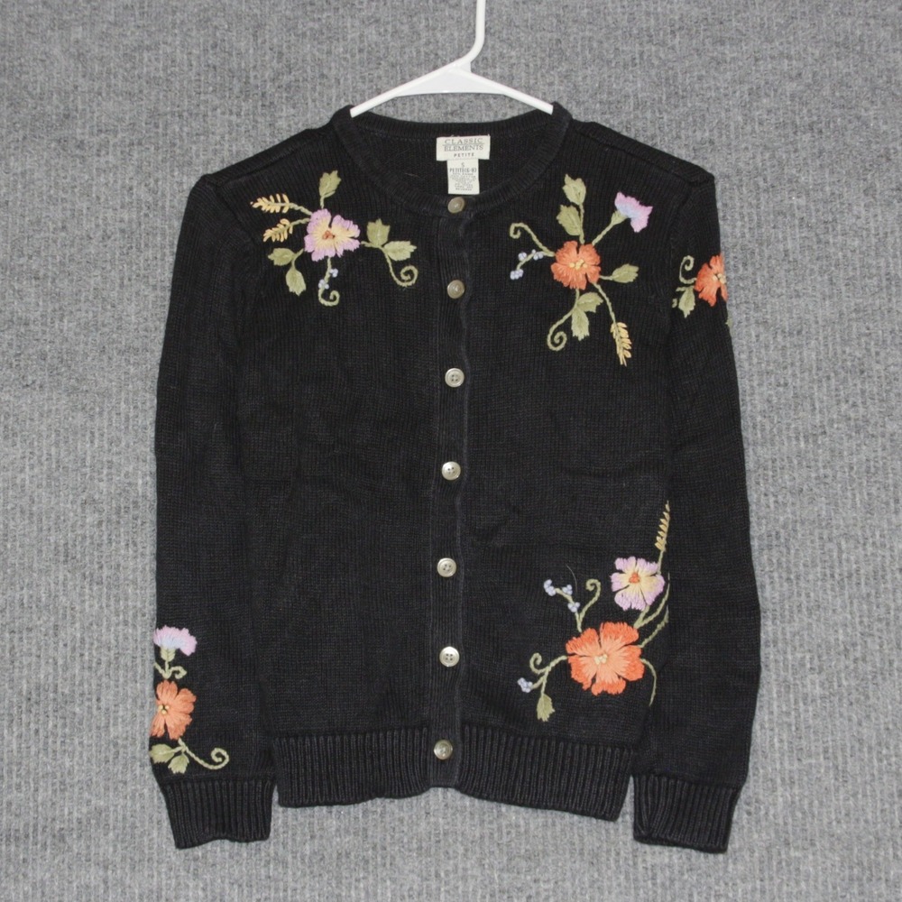 Vintage Classic Elements Cardigan Sweater Womens S Black Floral Cozy Grandma